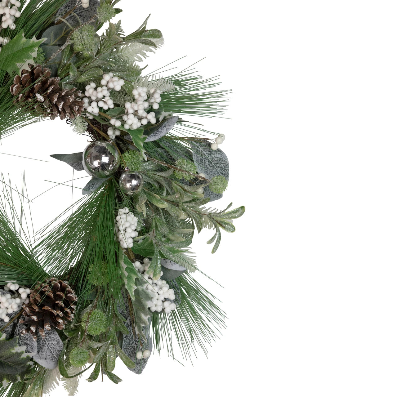 Frosted Christmas Wreath with Pine Branches and White Berries, 24 Inch