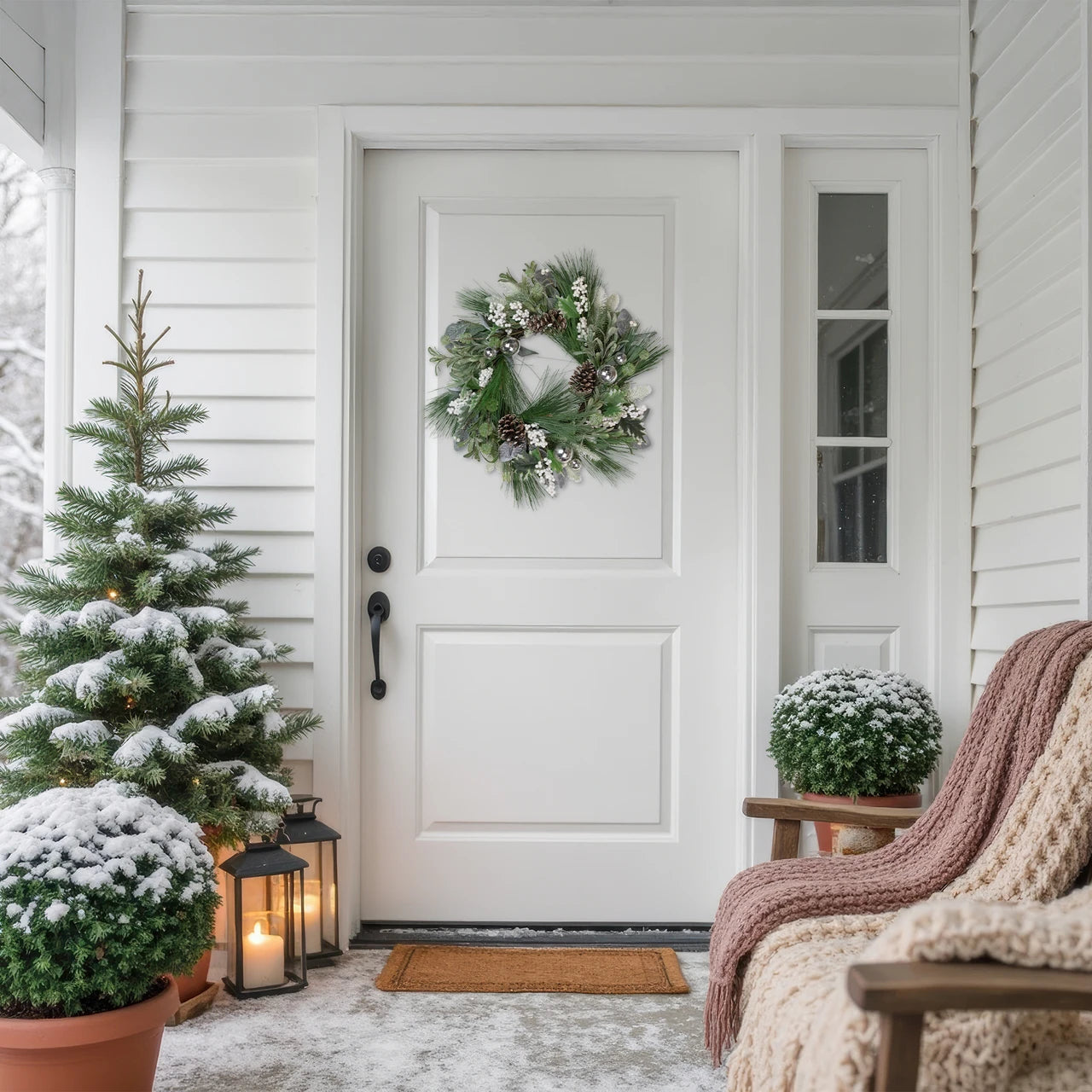 Frosted Christmas Wreath with Pine Branches and White Berries, 24 Inch