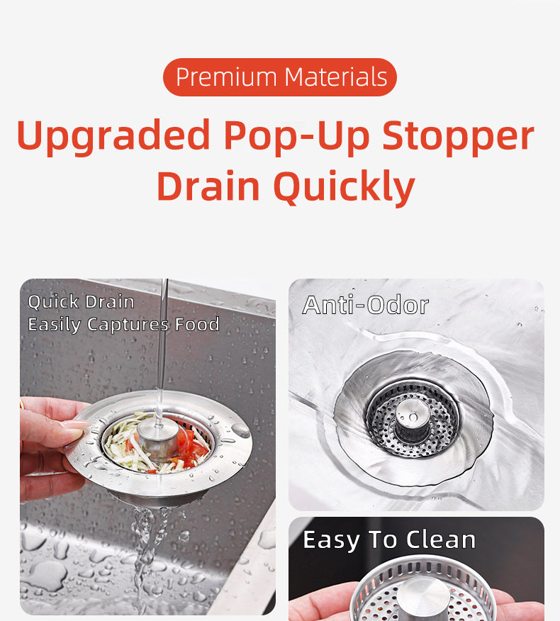 Push Button Sink Drain Strainer with Steel Basket and Silicone Seal