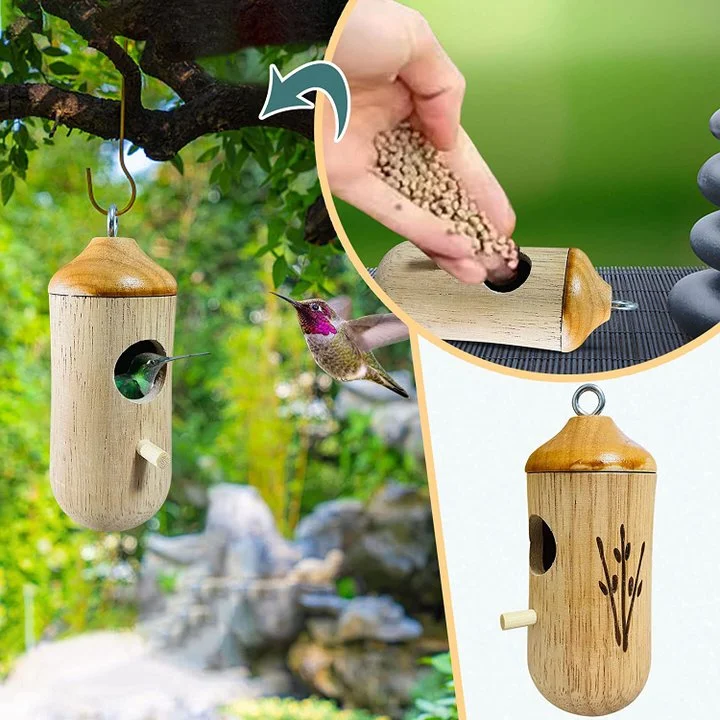 Hummingbird House with Wood Grain Finish and Hanging Loop for Garden Nesting