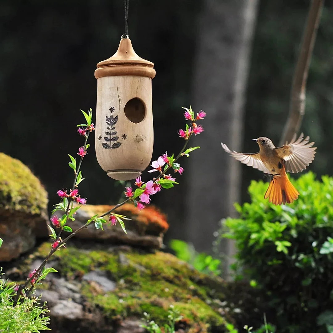 Hummingbird House with Wood Grain Finish and Hanging Loop for Garden Nesting