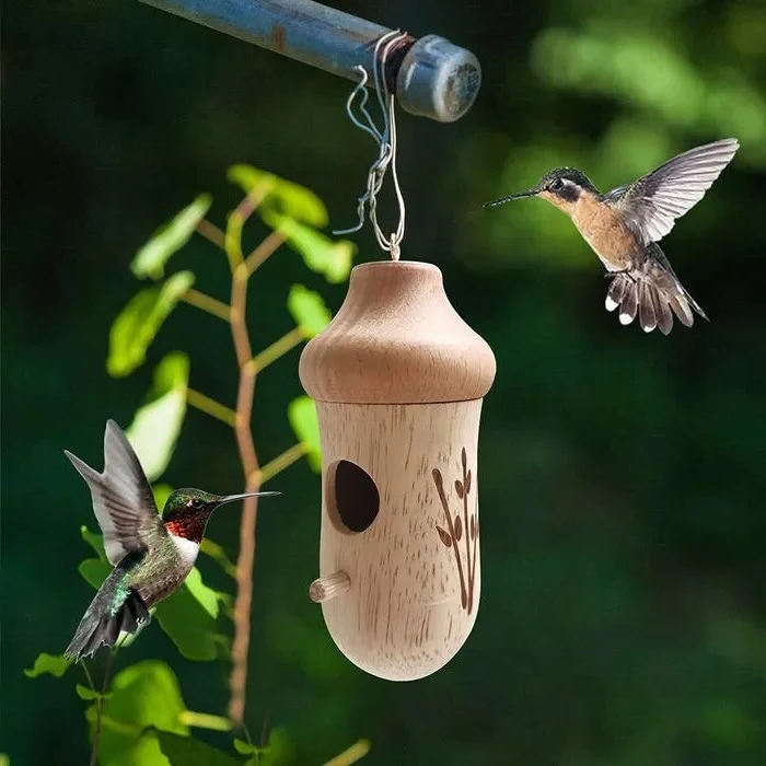 Hummingbird House with Wood Grain Finish and Hanging Loop for Garden Nesting