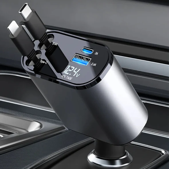 Car Charger with Dual Retractable Cables and Four Charging Ports