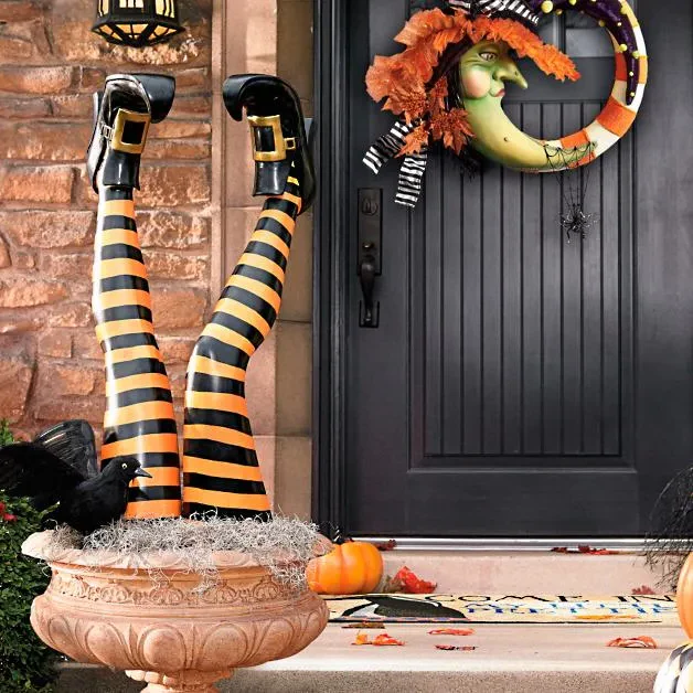 Witch Leg Yard Stakes with Striped Resin Design and Golden Buckle Boots, Set of 2