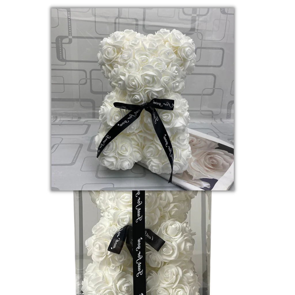 Foam Rose Teddy Bear with Ribbon Neck Detail and Dust Resistant Material