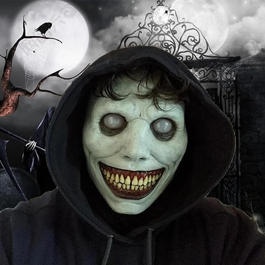 Full Face Smiling Demon Mask with Wide Grin and White Eyes for Halloween Costumes