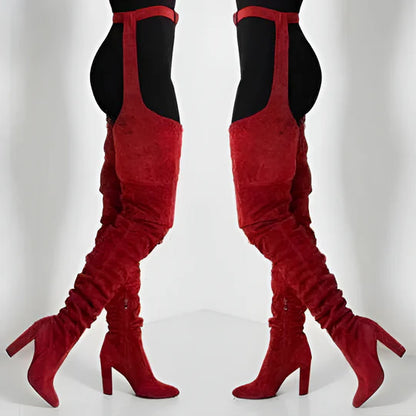 Women Faux Suede Thigh High Heel Slouch Boots