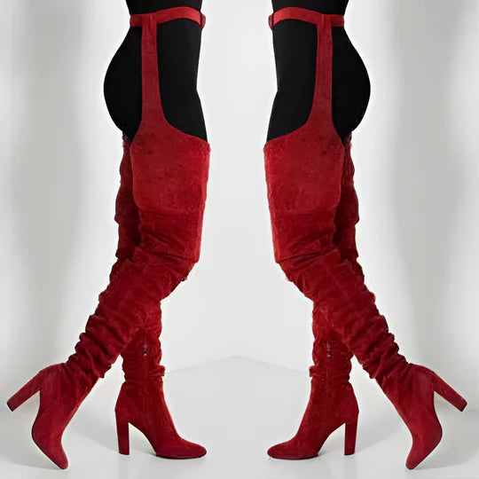 Women Faux Suede Thigh High Heel Slouch Boots