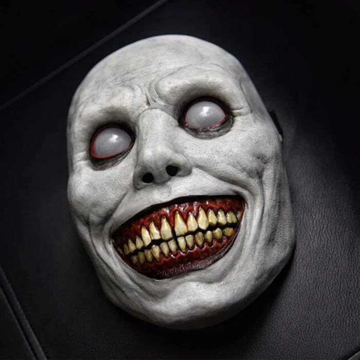 Full Face Smiling Demon Mask with Wide Grin and White Eyes for Halloween Costumes