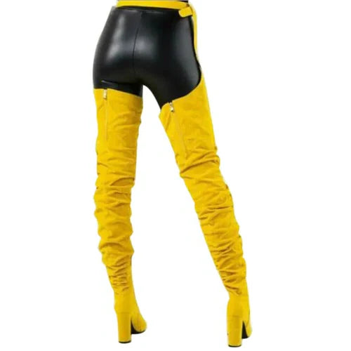 Women Faux Suede Thigh High Heel Slouch Boots