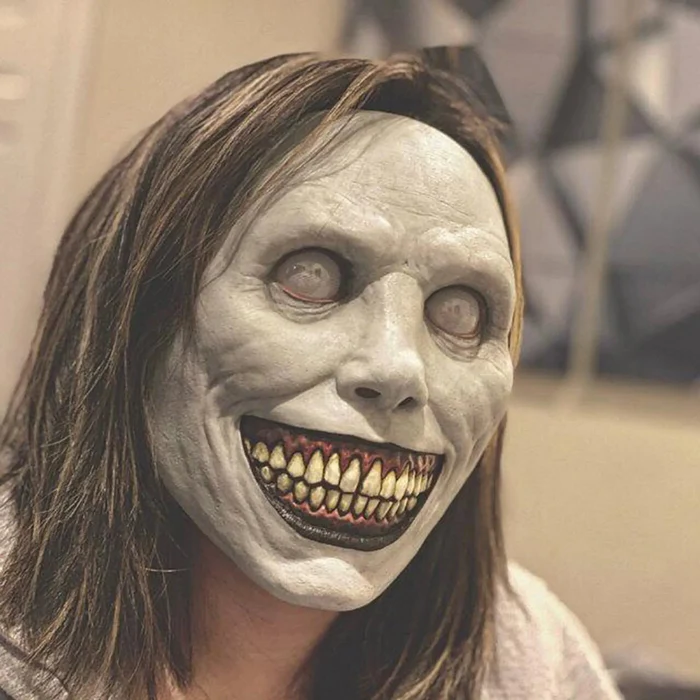 Full Face Smiling Demon Mask with Wide Grin and White Eyes for Halloween Costumes