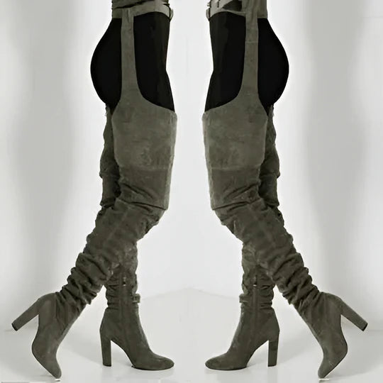 Women Faux Suede Thigh High Heel Slouch Boots