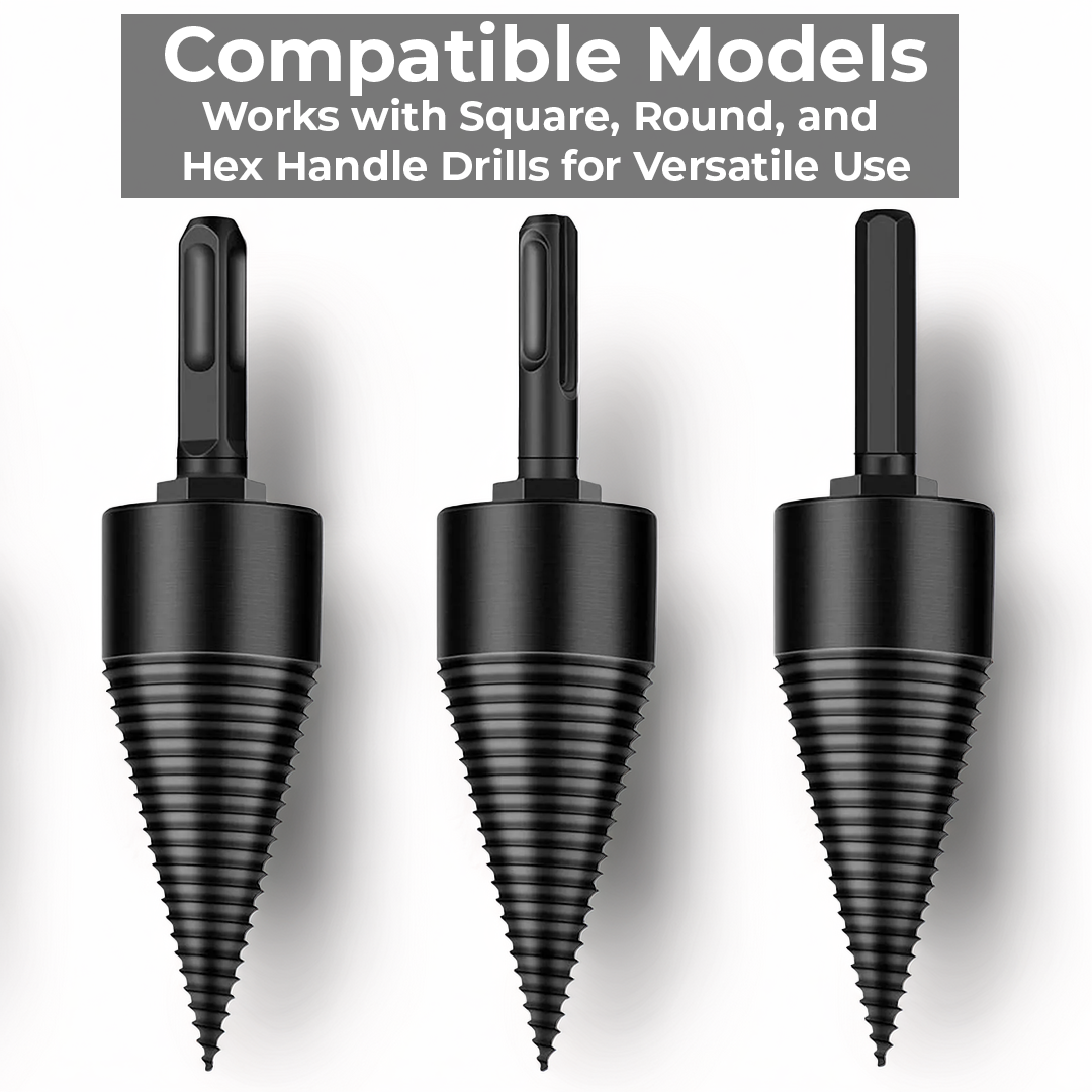 Firewood Drill Bit with Threaded Splitting Head and Three Interchangeable Shanks