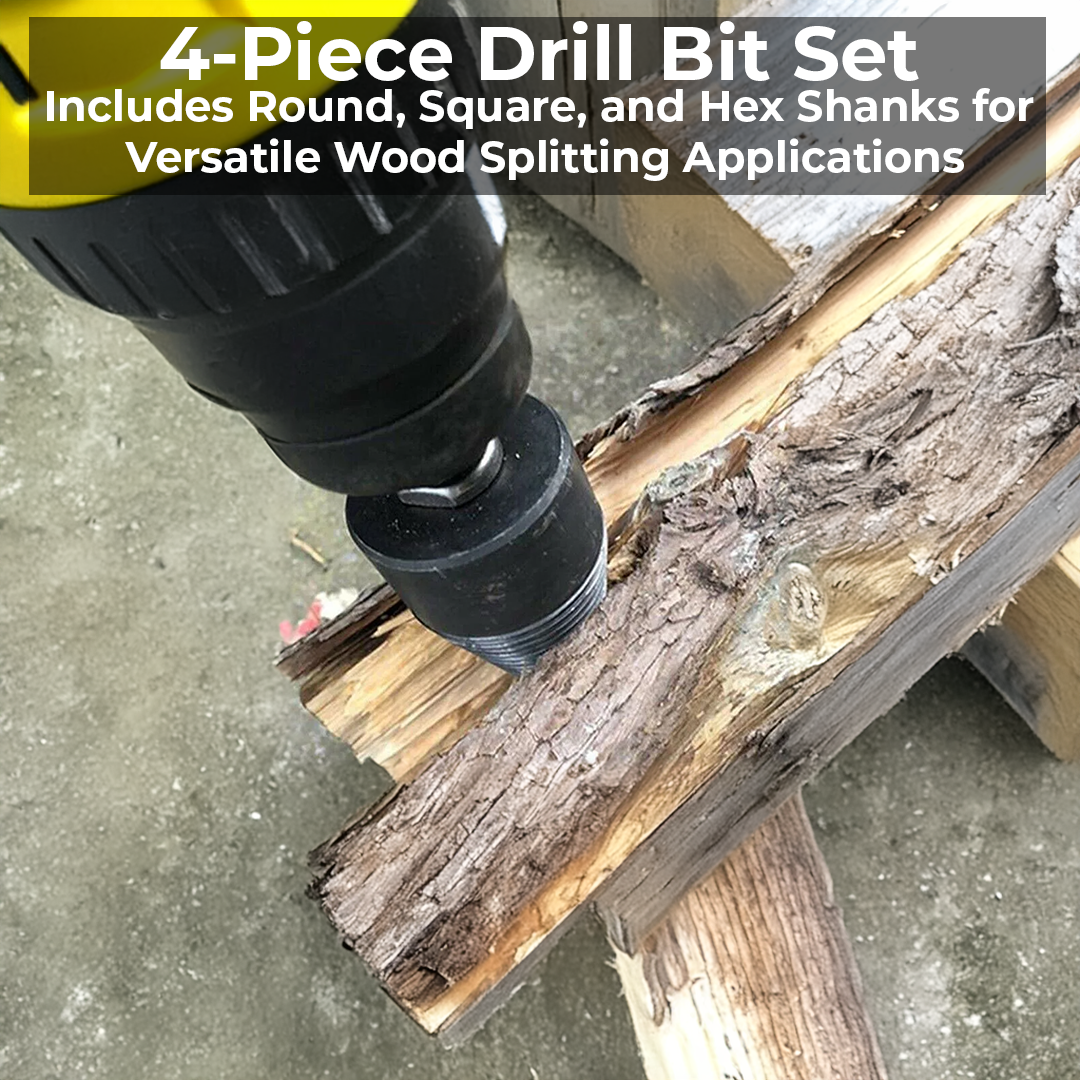 Firewood Drill Bit with Threaded Splitting Head and Three Interchangeable Shanks
