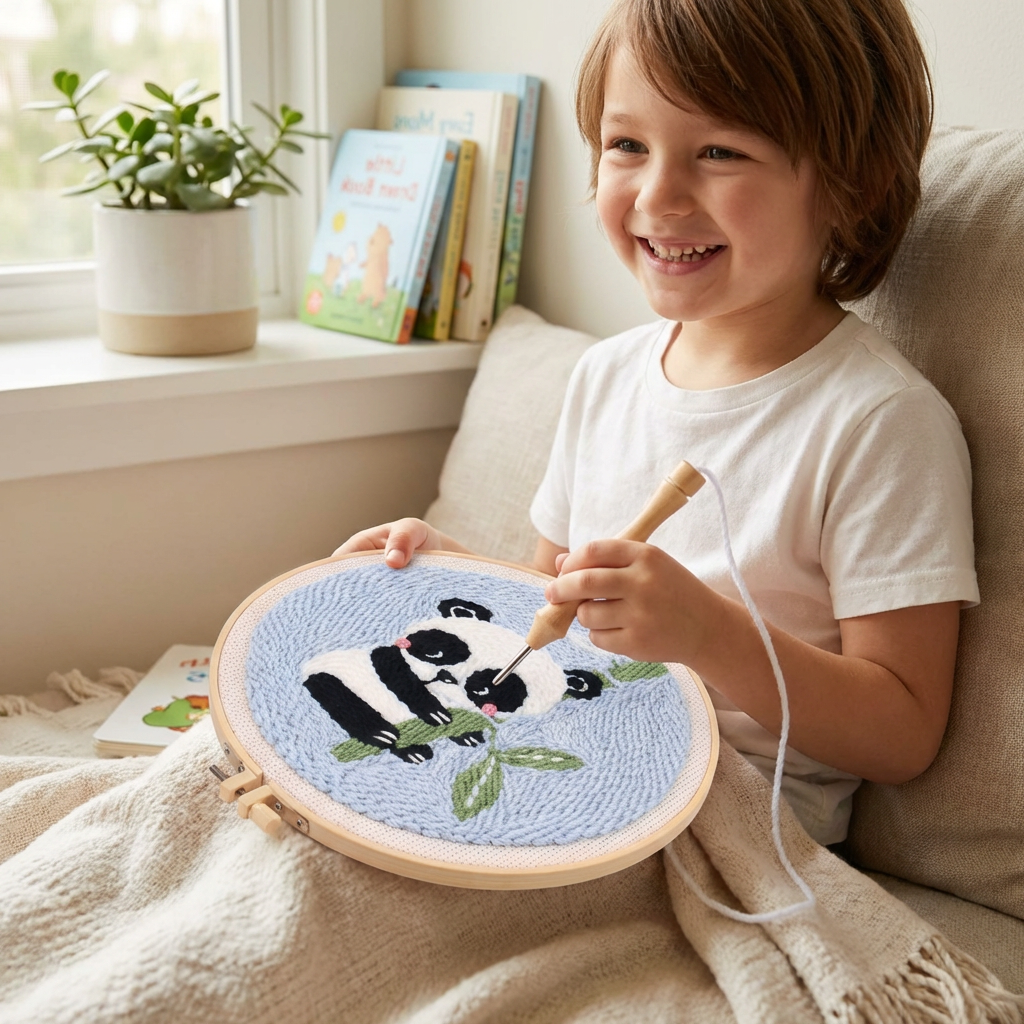 Punch Needle Embroidery Set with Pre-Printed Patterns and Adjustable Loop Height