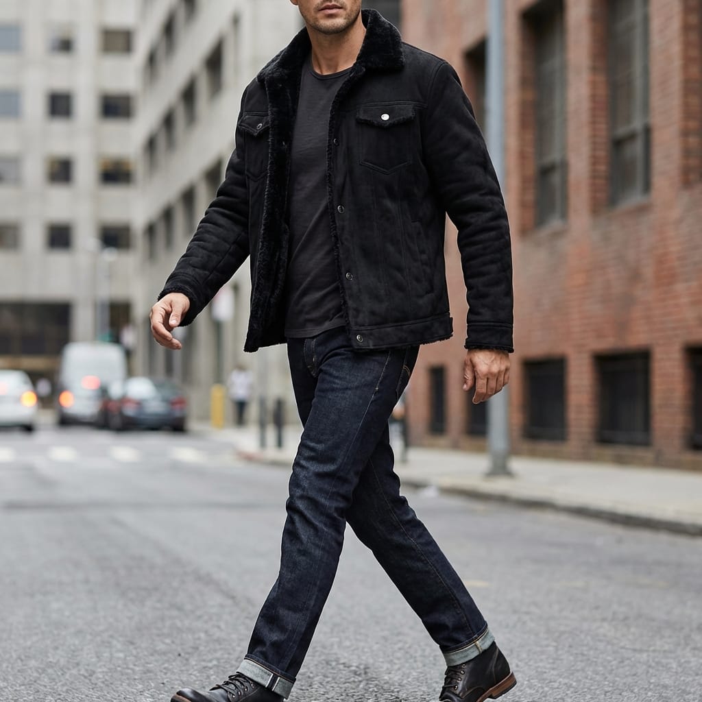 Mens Suede Winter Coat with Fleece Lining and Dual Zipper Button Closure