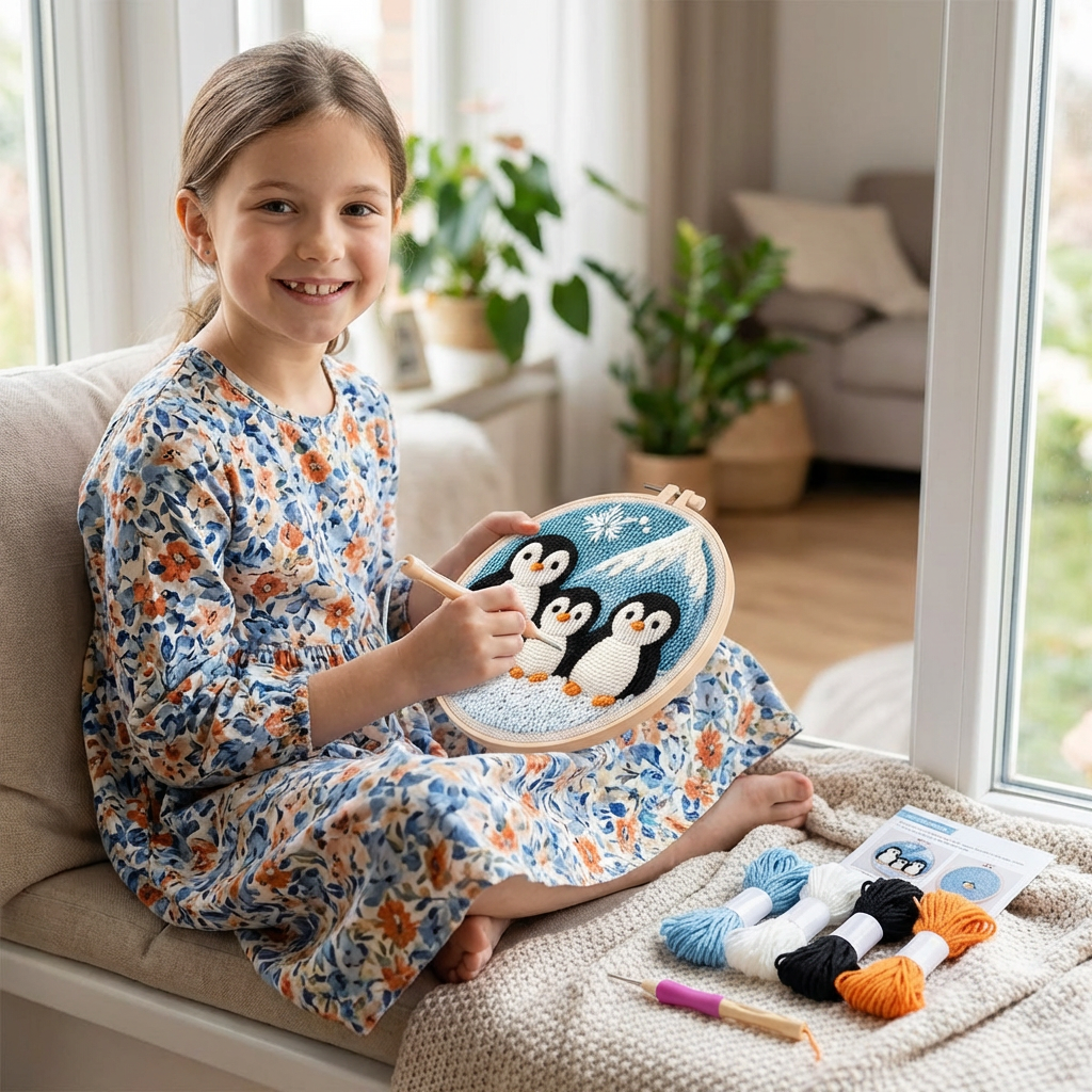 Punch Needle Embroidery Set with Pre-Printed Patterns and Adjustable Loop Height