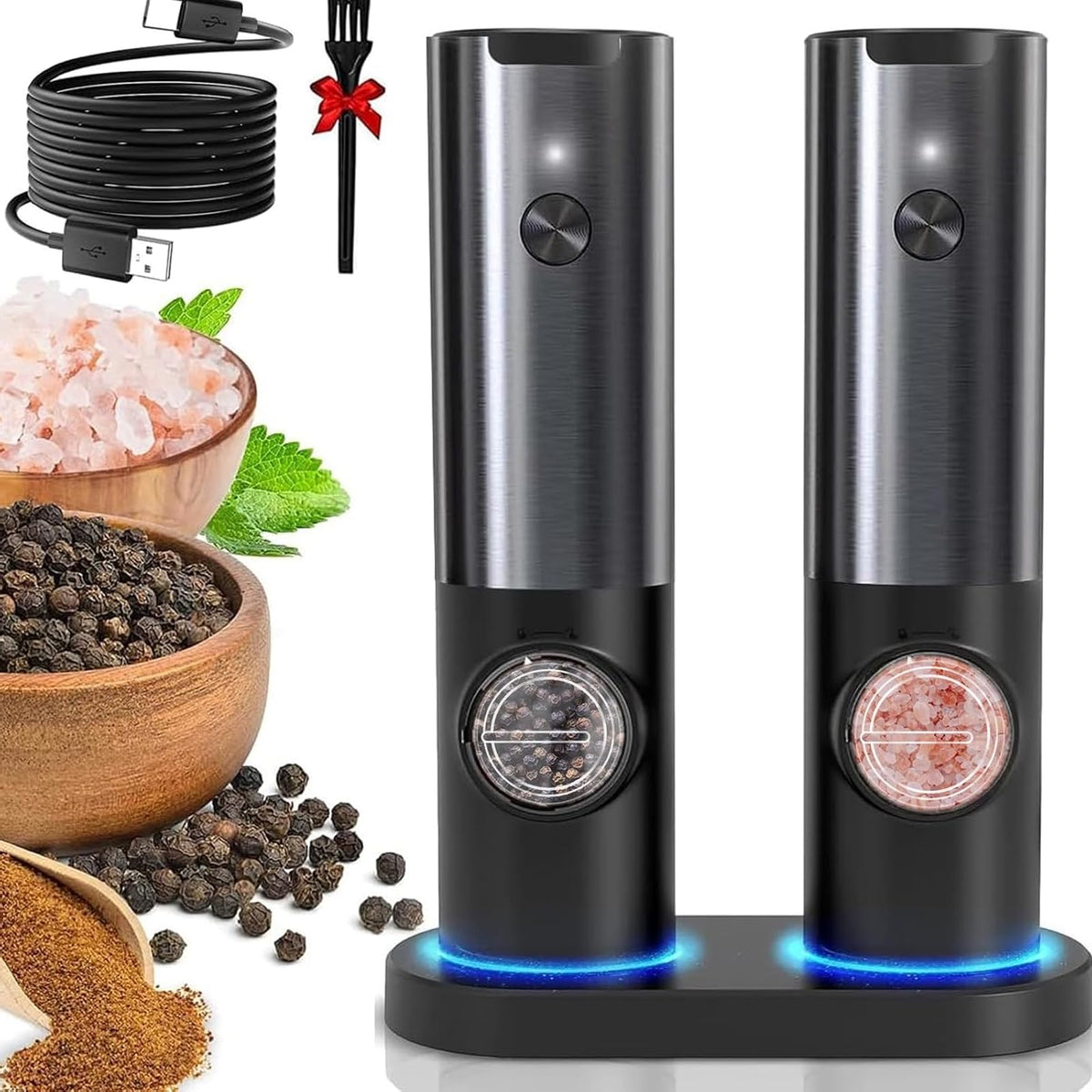 Rechargeable Electric Salt and Pepper Mill Set-Black-Nora Luxe