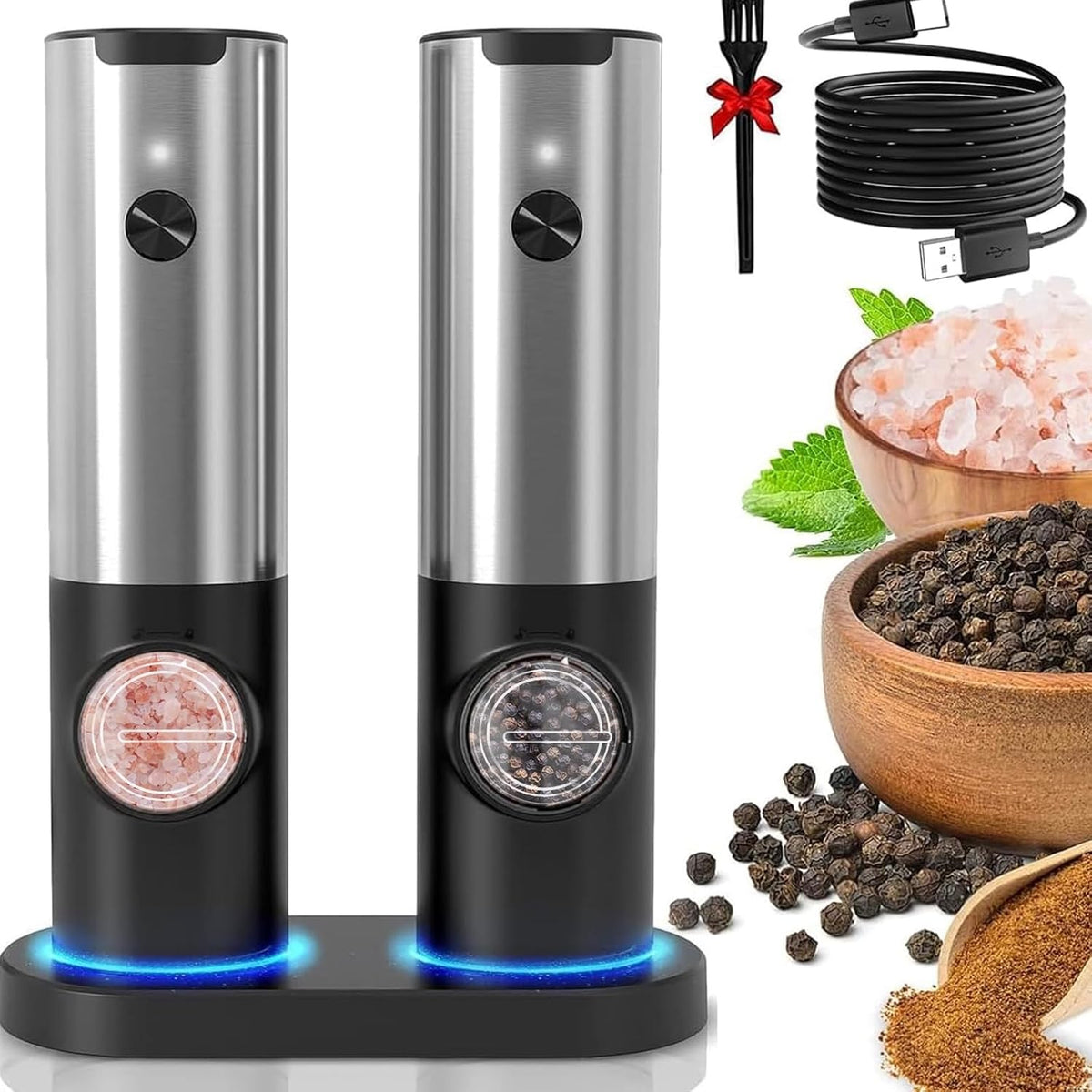 Rechargeable Electric Salt and Pepper Mill Set-Silver-Nora Luxe