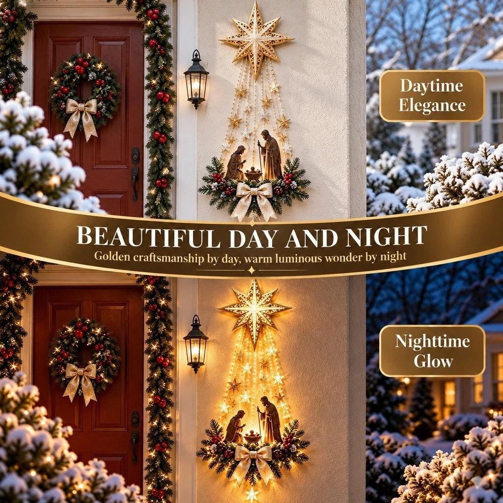Holy Family Nativity Wall Decoration with Warm White Star Lights and Pine Accents