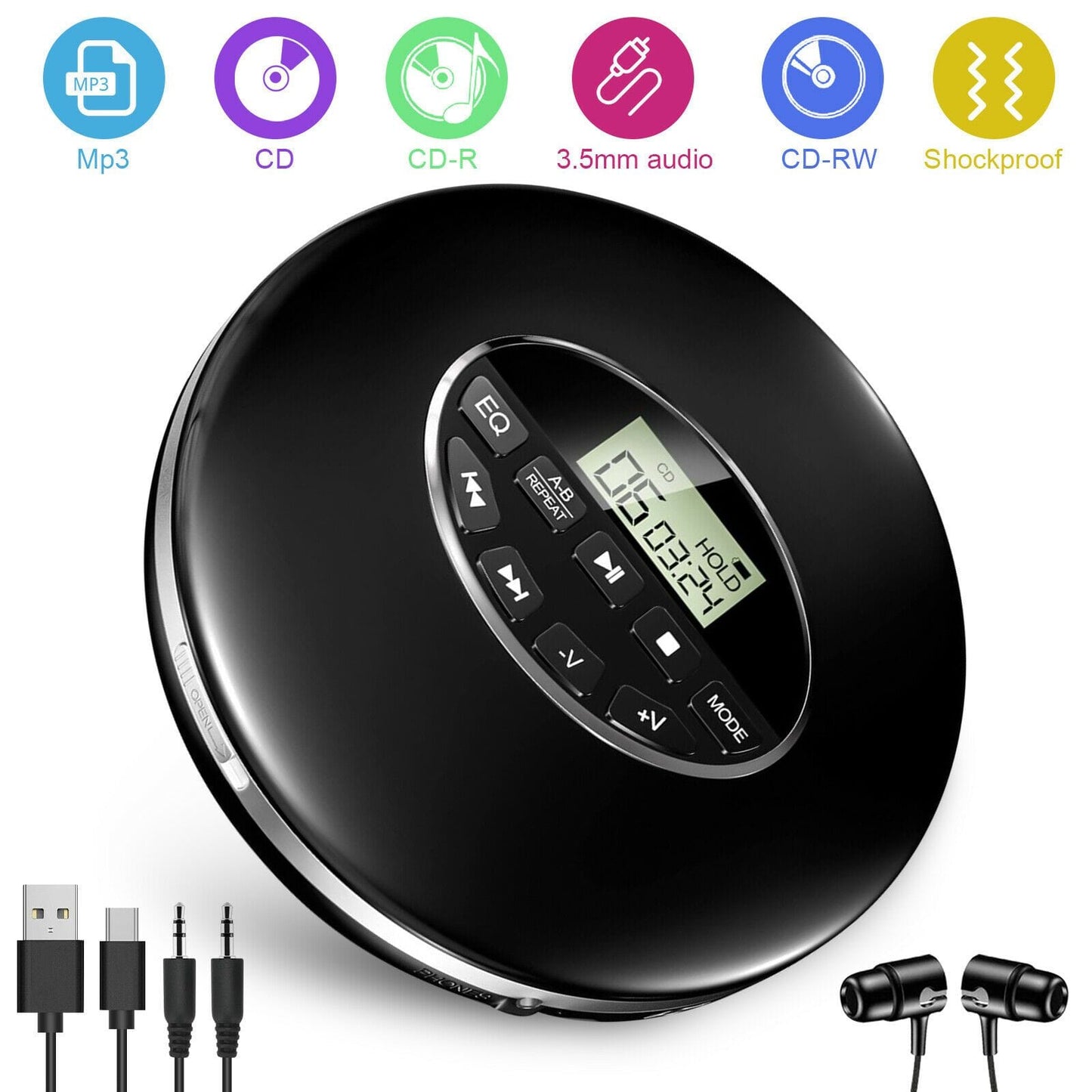 Portable CD Player with Anti Skip Technology and Five Sound Modes, LCD Display