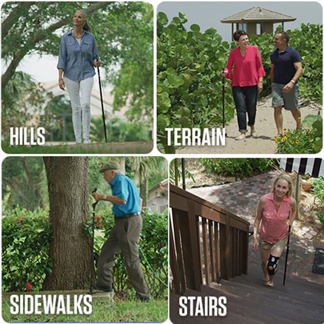 Adjustable Walking Stick with 12 Height Settings and 360-Degree Rotating Tip, 300lb Capacity