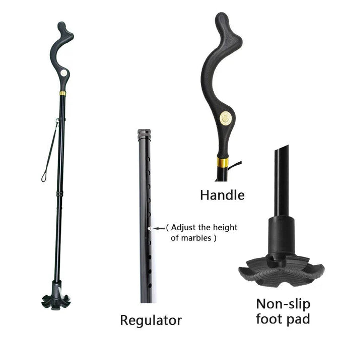 Adjustable Walking Stick with 12 Height Settings and 360-Degree Rotating Tip, 300lb Capacity