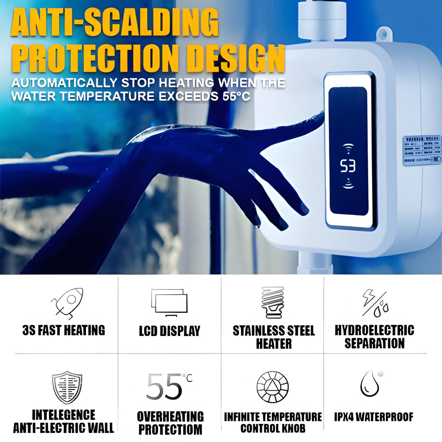 Instant Electric Water Heater 3500W with Digital Display and Leak Detection