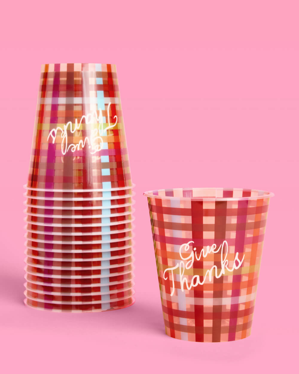Plaid Thanksgiving Cups with Give Thanks Script and Brown Burgundy Blue Pattern, 16-Count