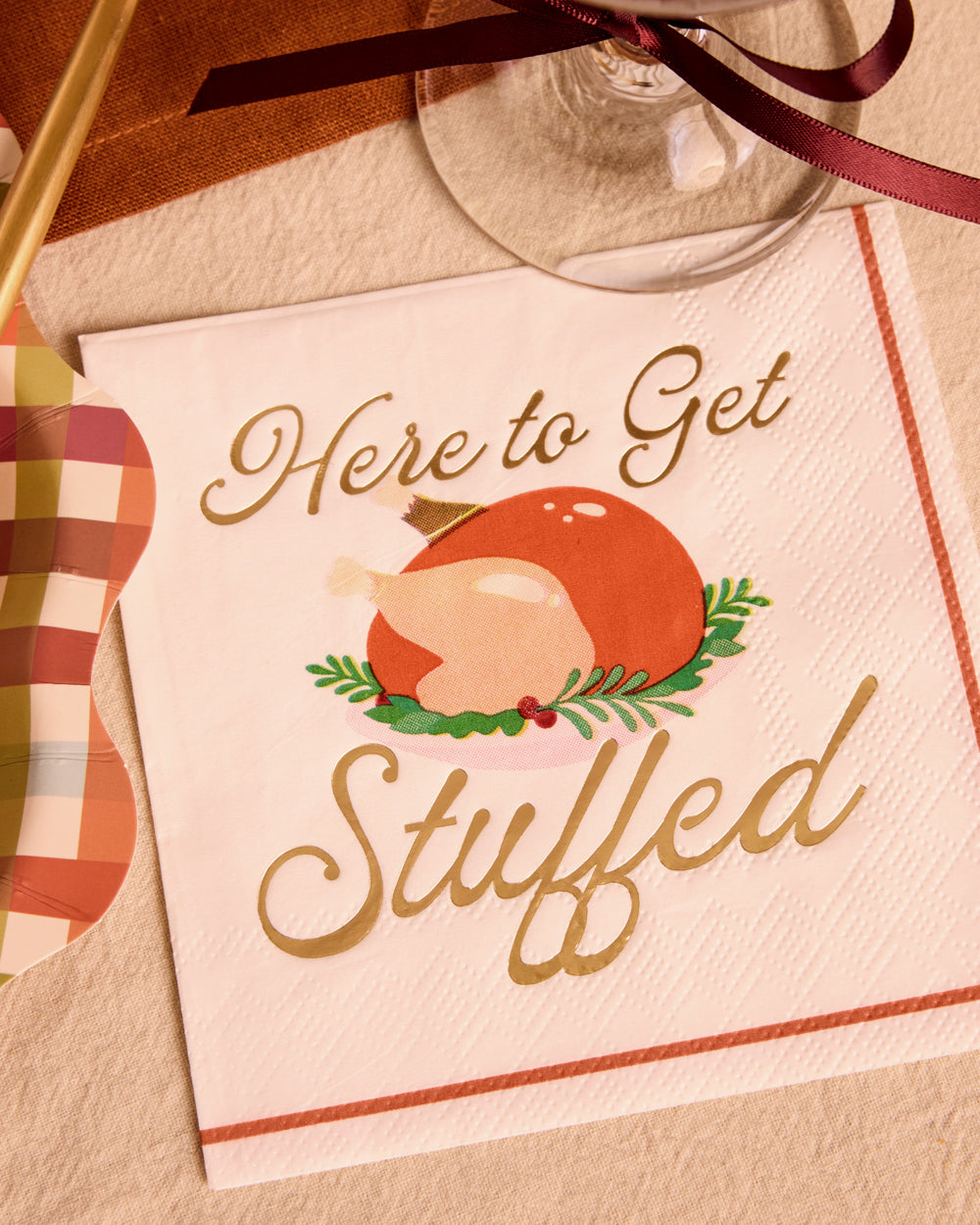 Turkey Cocktail Napkins with Gold Foil Accents and Cream Base, 50-Count Set