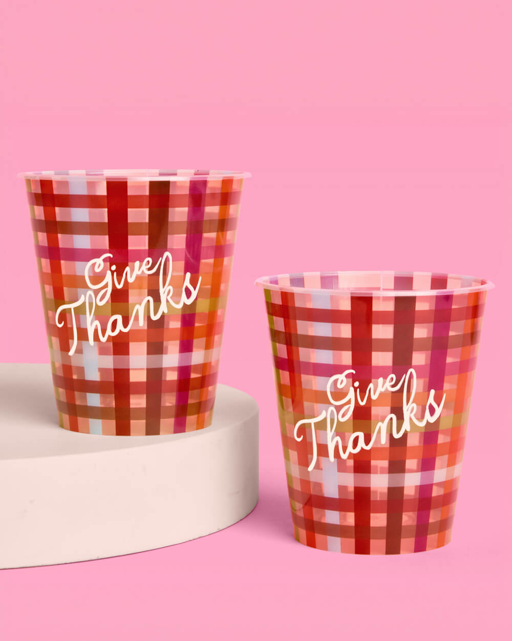 Plaid Thanksgiving Cups with Give Thanks Script and Brown Burgundy Blue Pattern, 16-Count