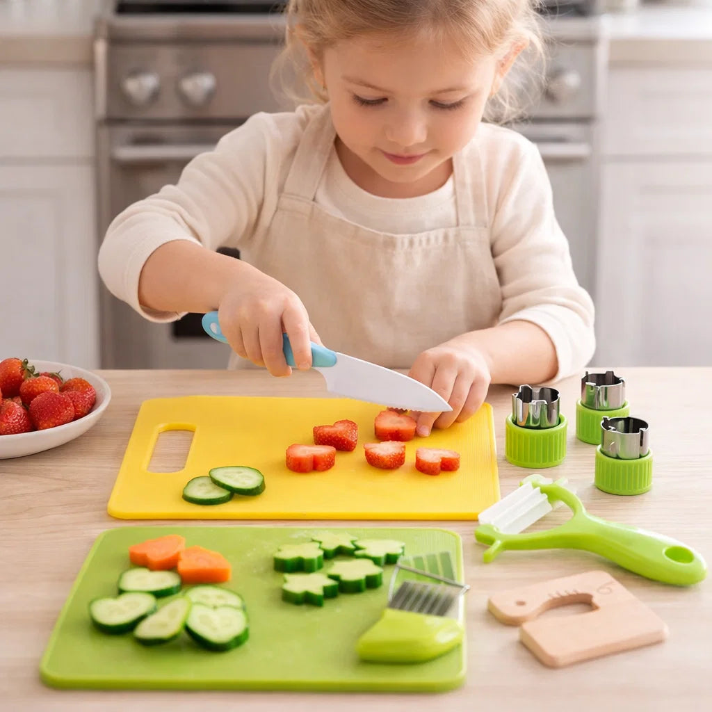 Childrens Play Kitchen Tool Set with Easy Grip Handles and Pretend Cooking Accessories