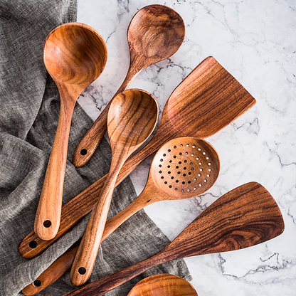 Teak Wood Kitchen Utensils Set with 8-Piece Cooking Tools and Heat-Resistant Handle