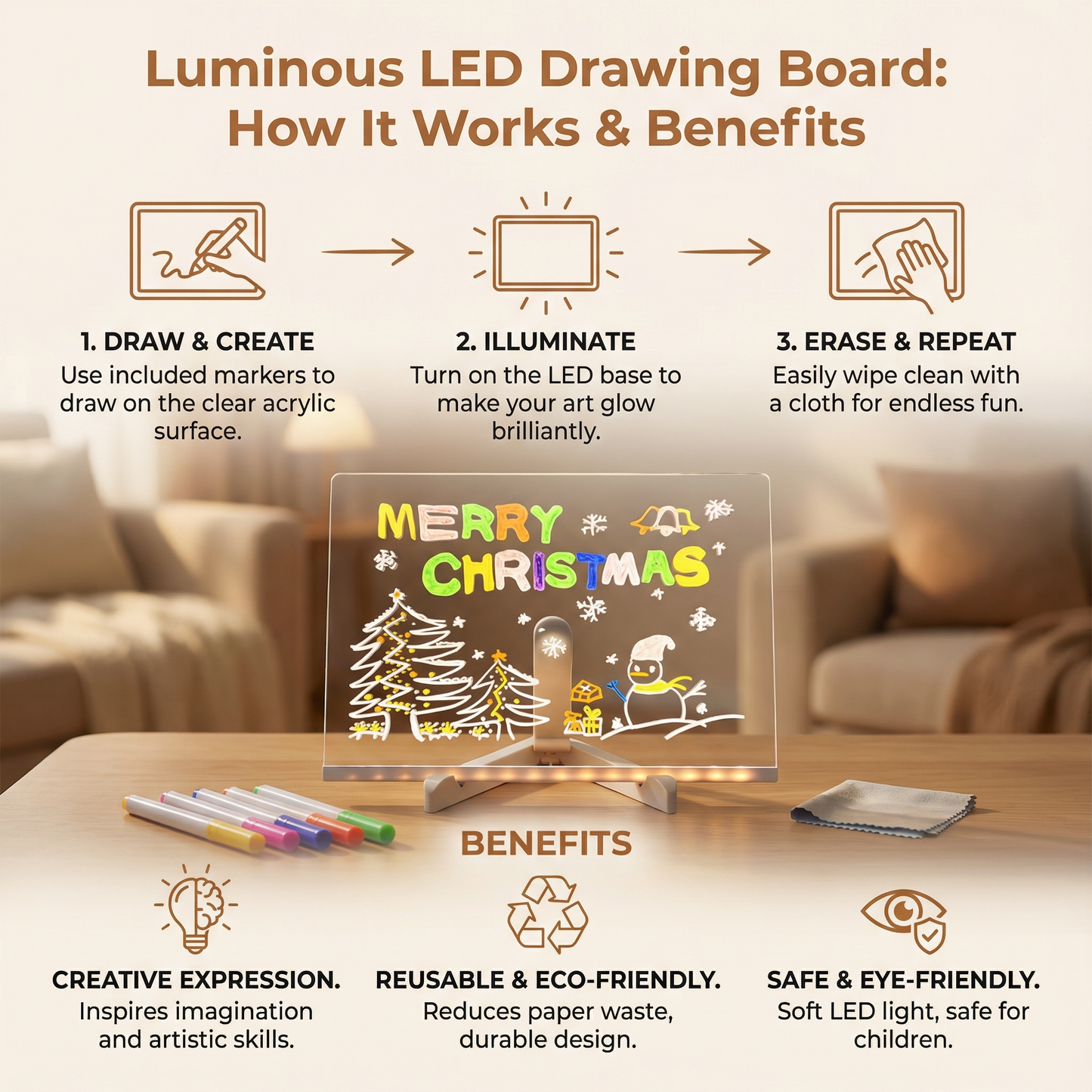 Illuminated Drawing Board with Reusable Wipe Clean Surface and Built-In LED Panel