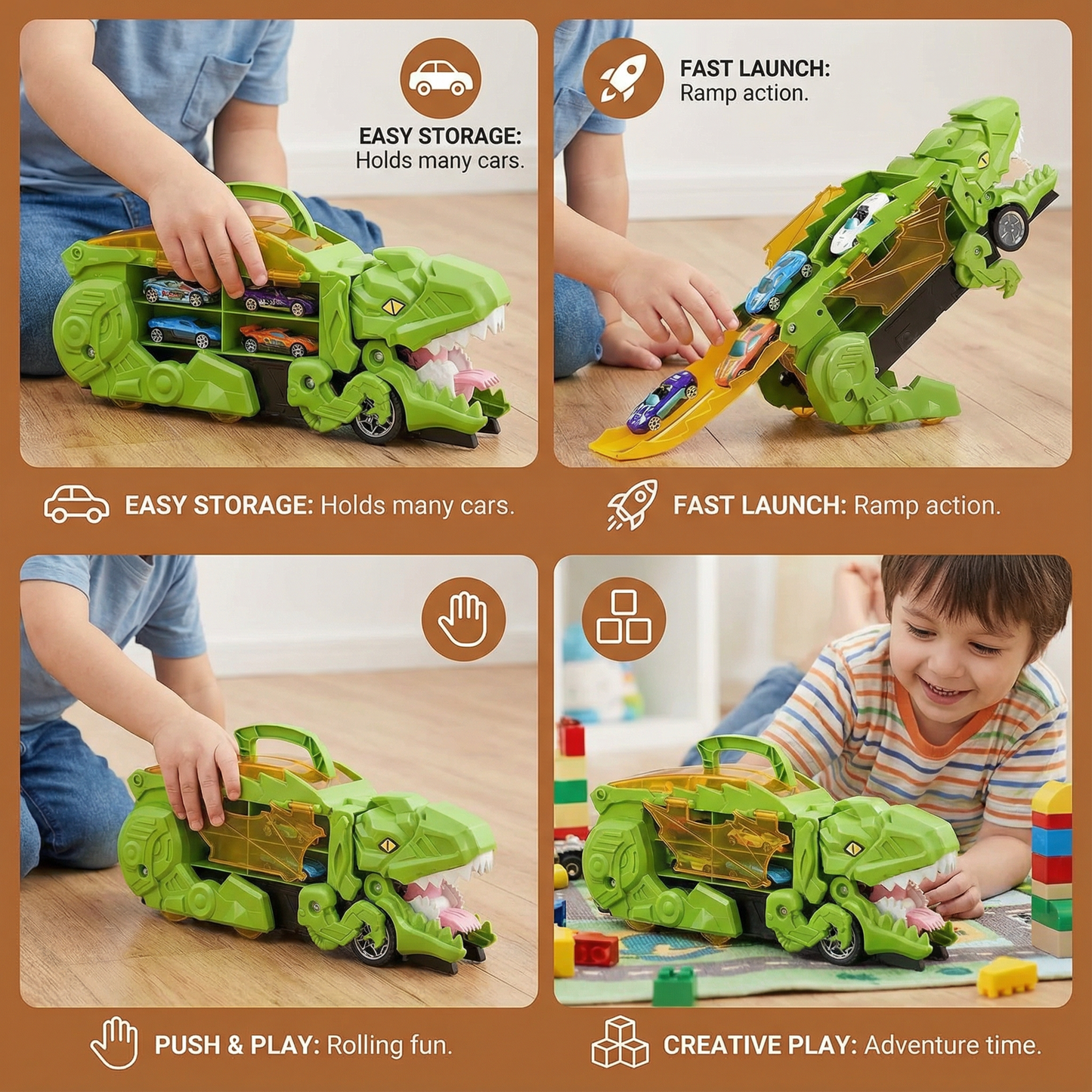 Transforming Dinosaur Truck with LED Lights and 2 Toy Cars