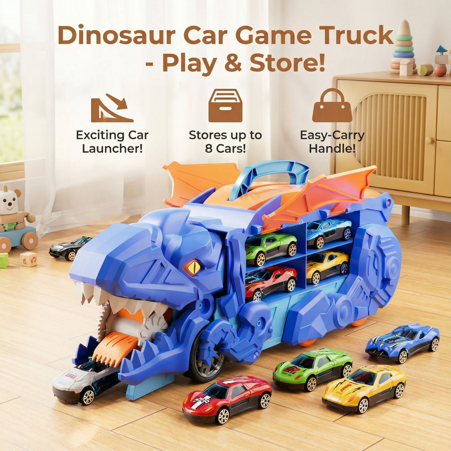 Transforming Dinosaur Truck with LED Lights and 2 Toy Cars