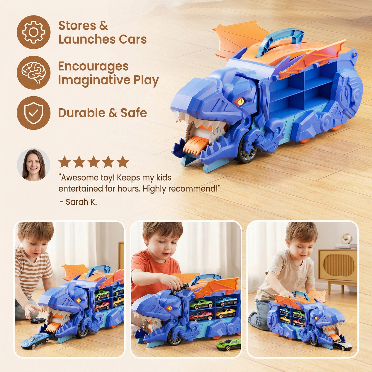 Transforming Dinosaur Truck with LED Lights and 2 Toy Cars