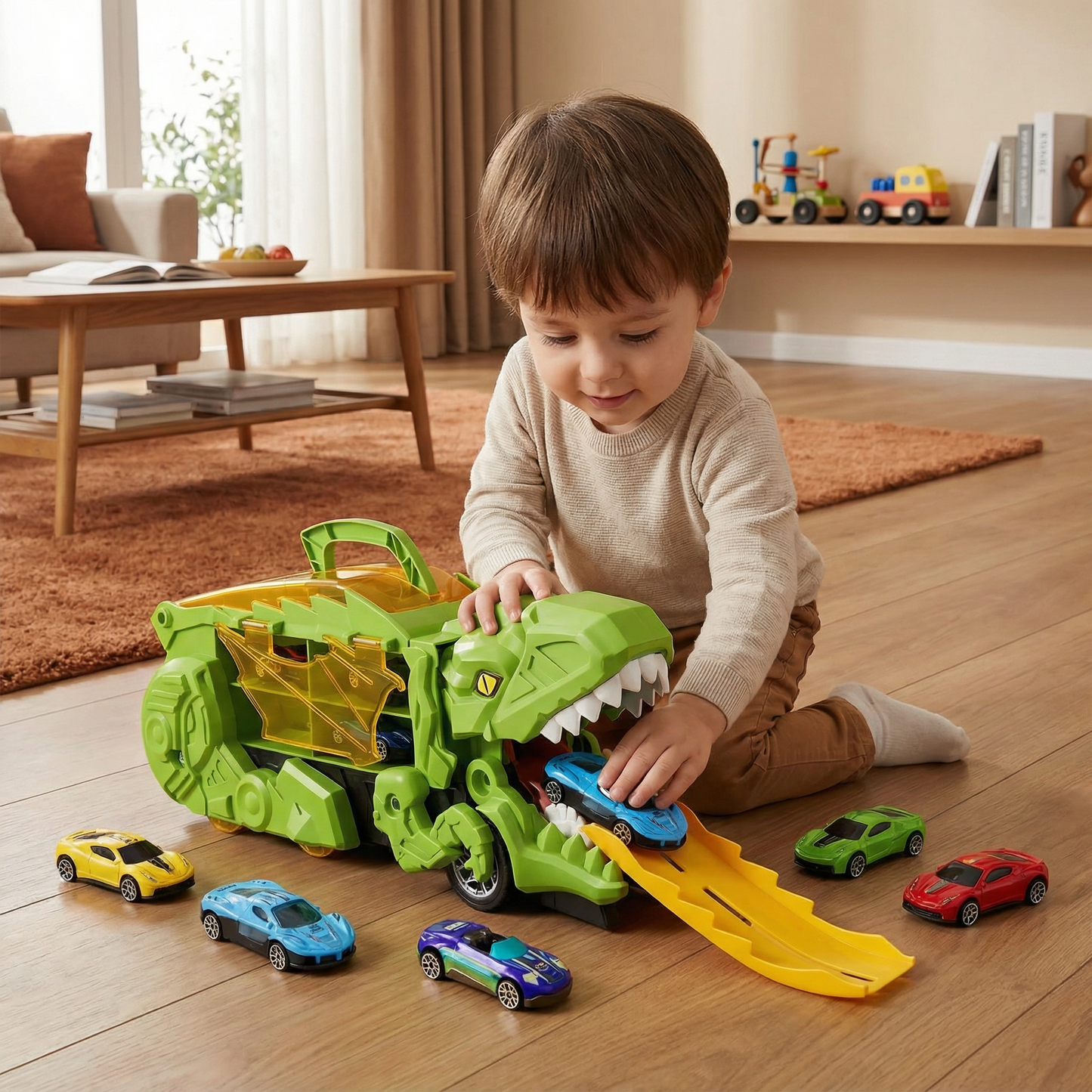 Transforming Dinosaur Truck with LED Lights and 2 Toy Cars