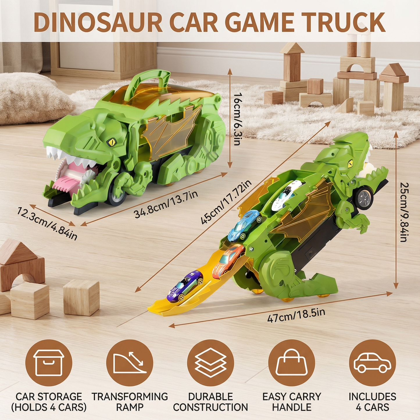 Transforming Dinosaur Truck with LED Lights and 2 Toy Cars