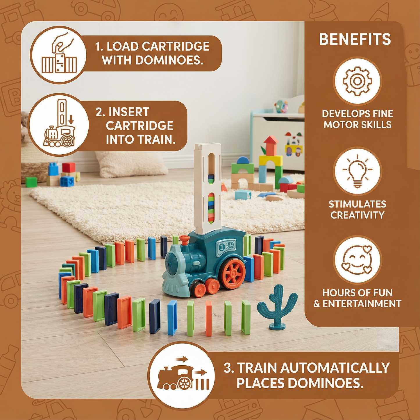Automatic Domino Placement Train with Motorized Chain Reaction and Colorful Pieces