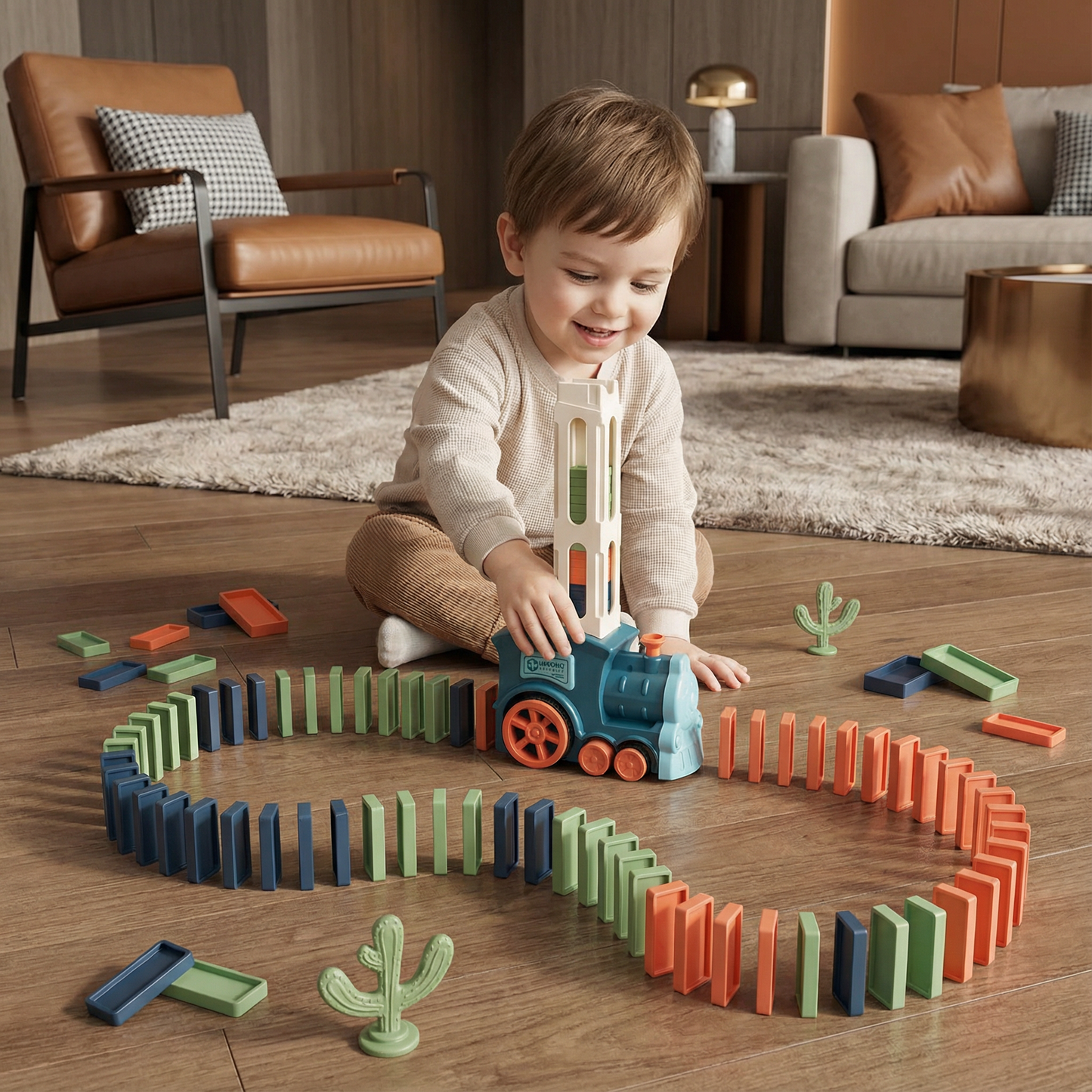 Automatic Domino Placement Train with Motorized Chain Reaction and Colorful Pieces