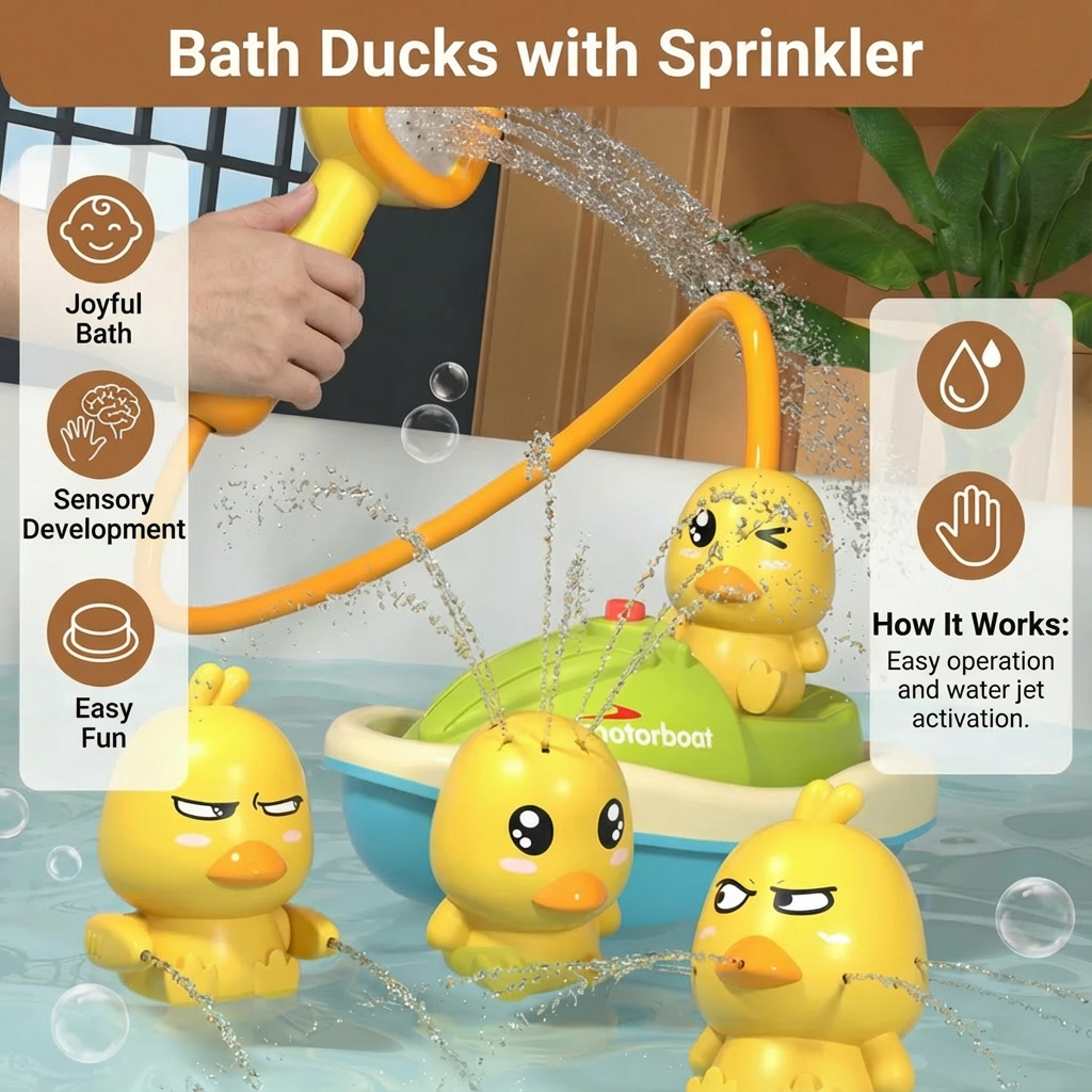 Bath Toy Set with Squirting Ducks and Motorized Boat, Shower Head Included