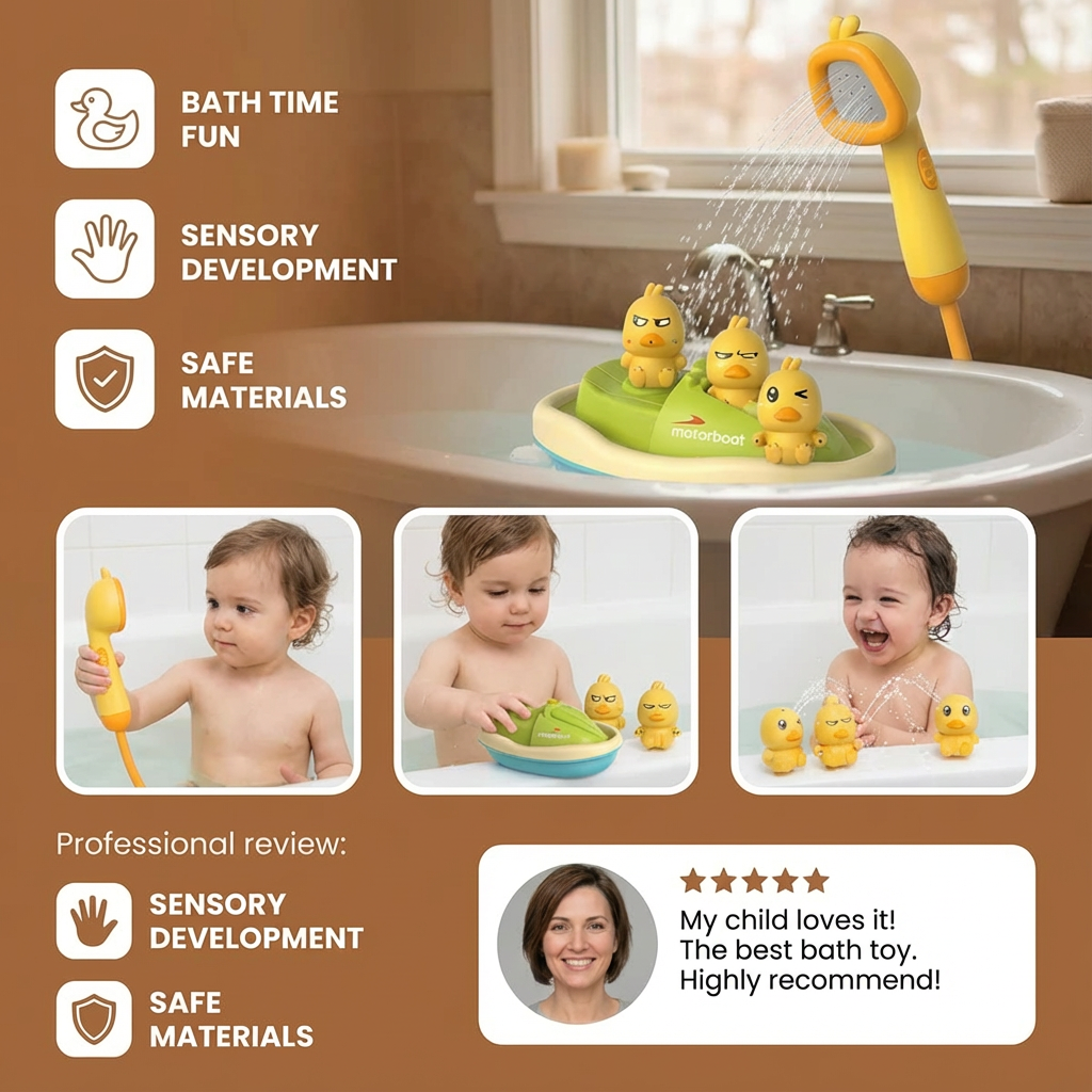 Bath Toy Set with Squirting Ducks and Motorized Boat, Shower Head Included