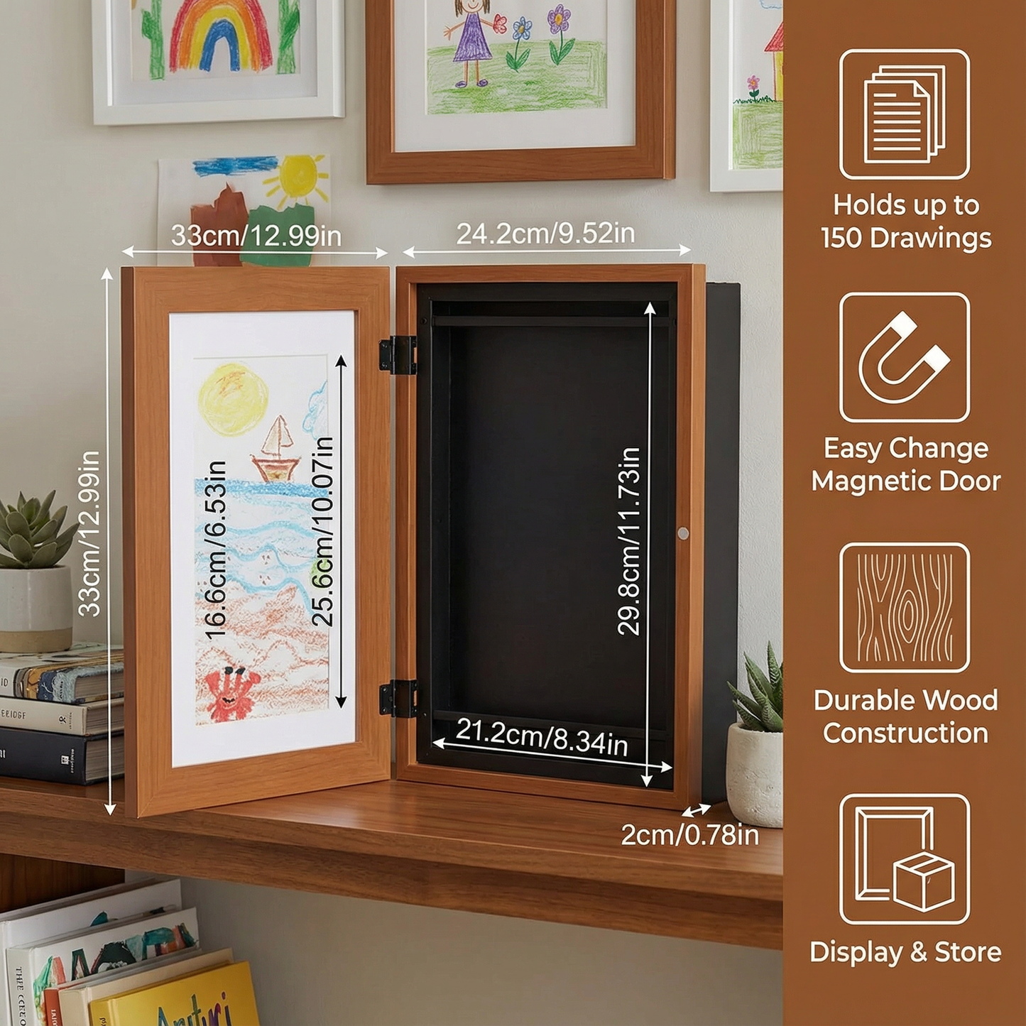 Rotating Artwork Display Frame with Flip Panel for 150 Kids Drawings