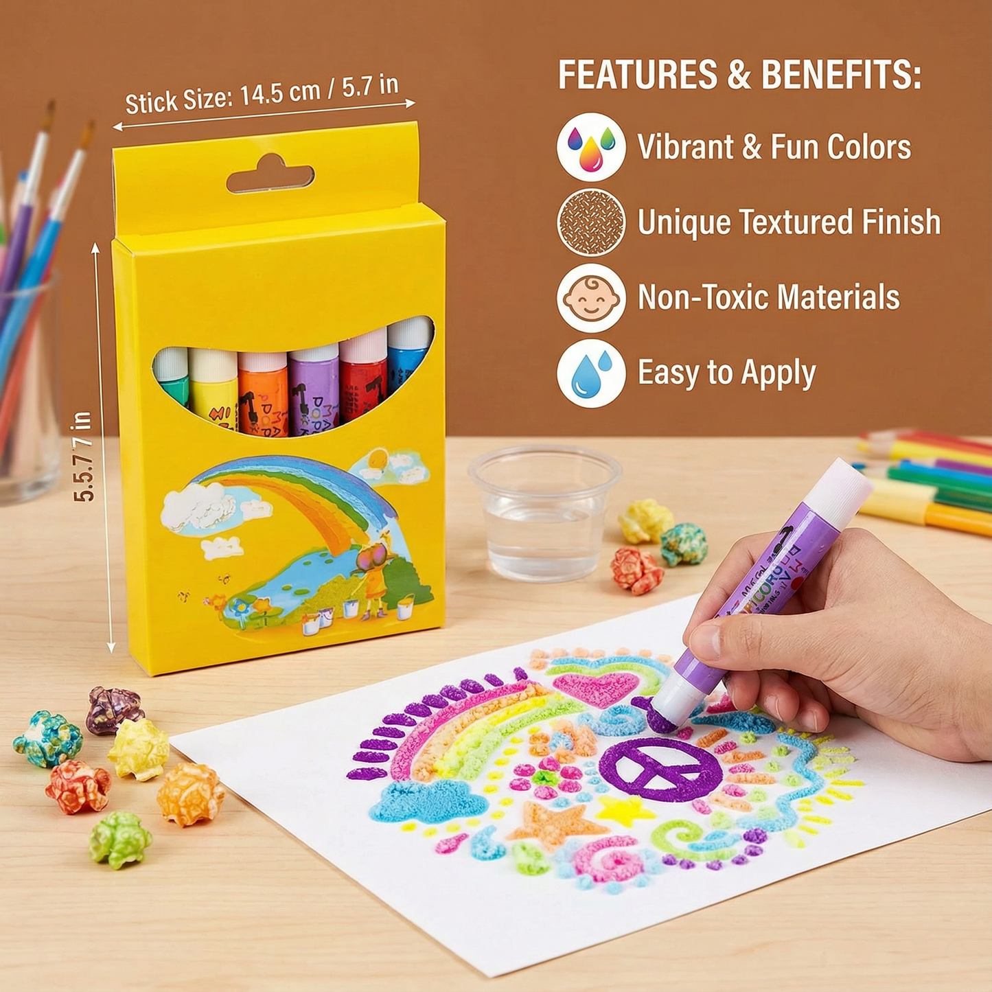 3D Popcorn Texture Crayons with Raised Drawing Effect and Washable Ink