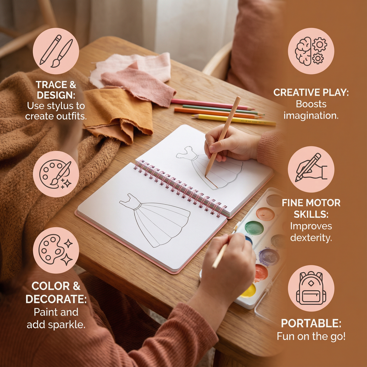 Princess Dress Design Coloring Book with Spiral Binding and Craft Materials