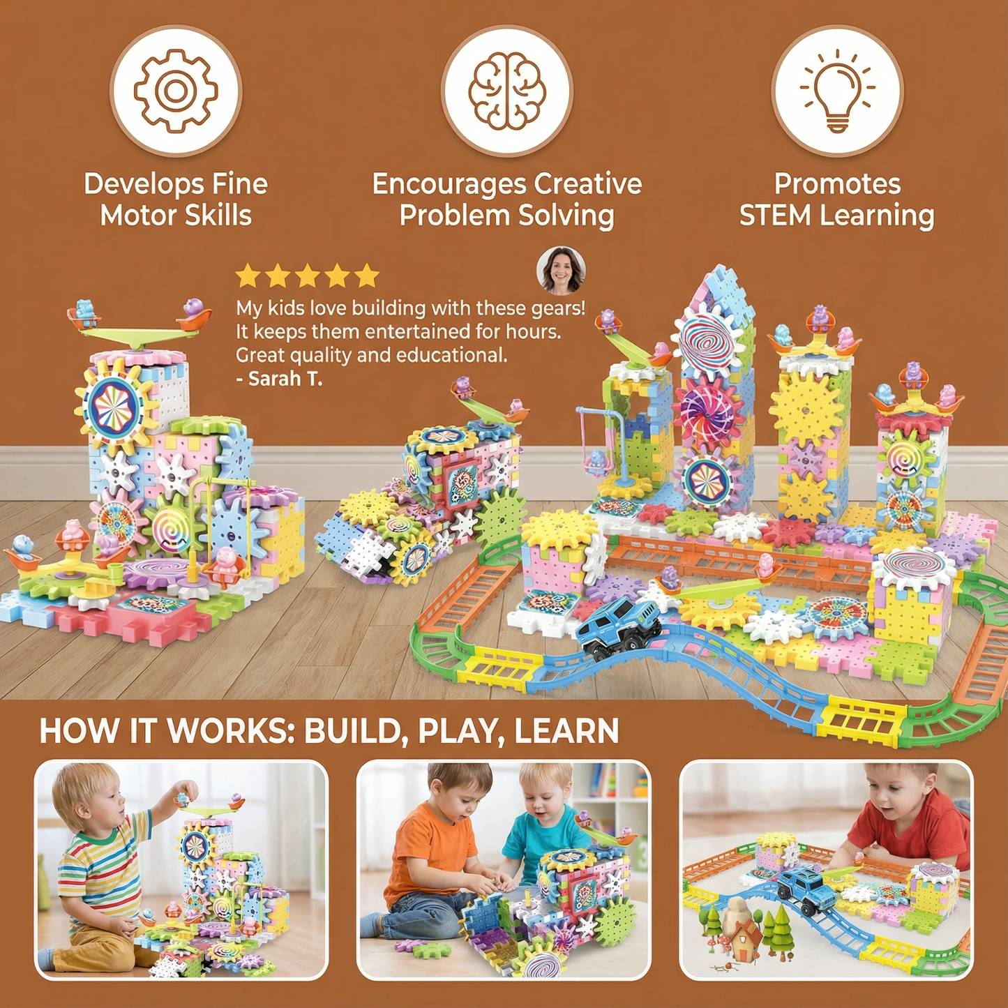 Gear Building Blocks with Rotating Mechanical System and 203 Pieces