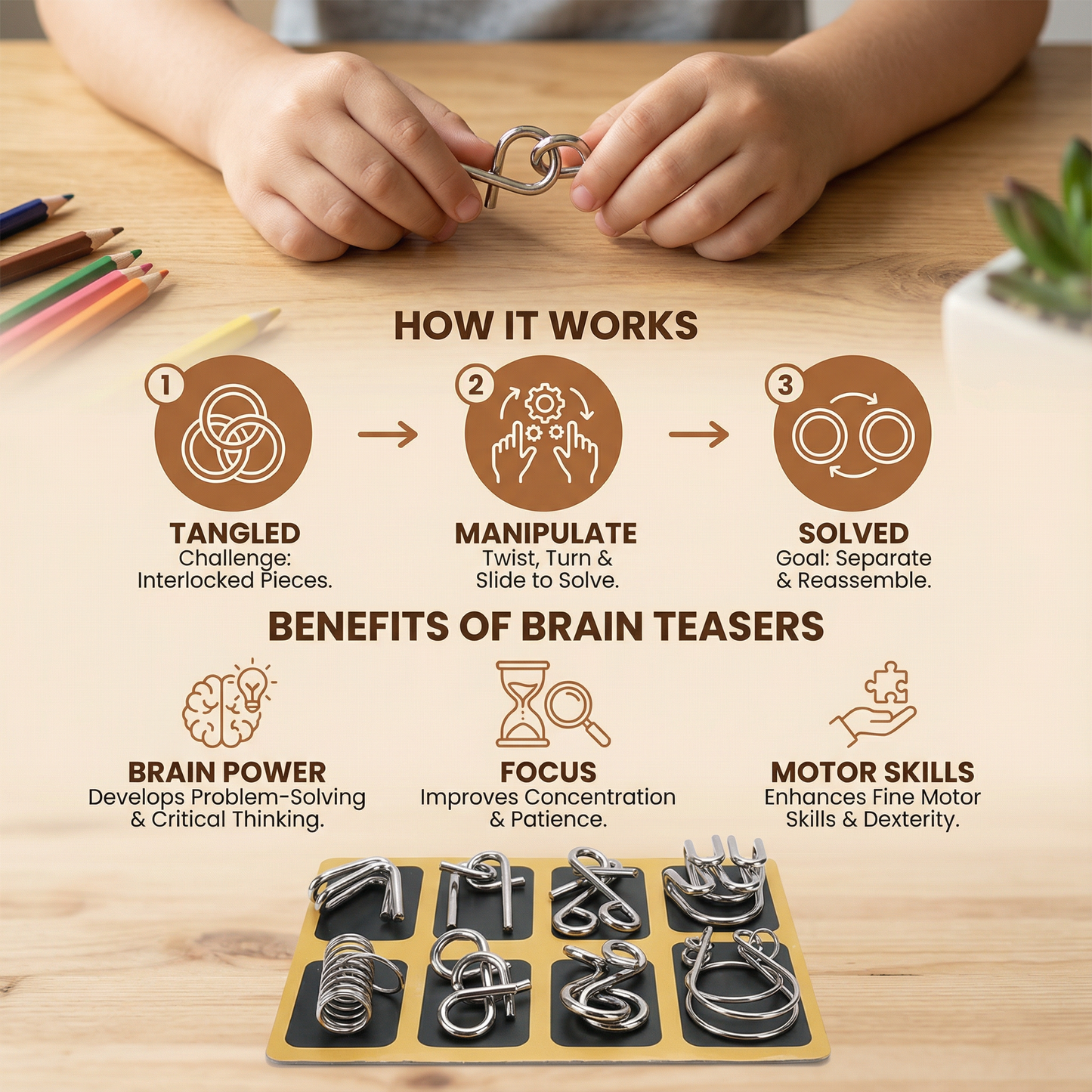 Metal Brain Teaser Puzzle Set with 36 Designs and Progressive Difficulty Levels