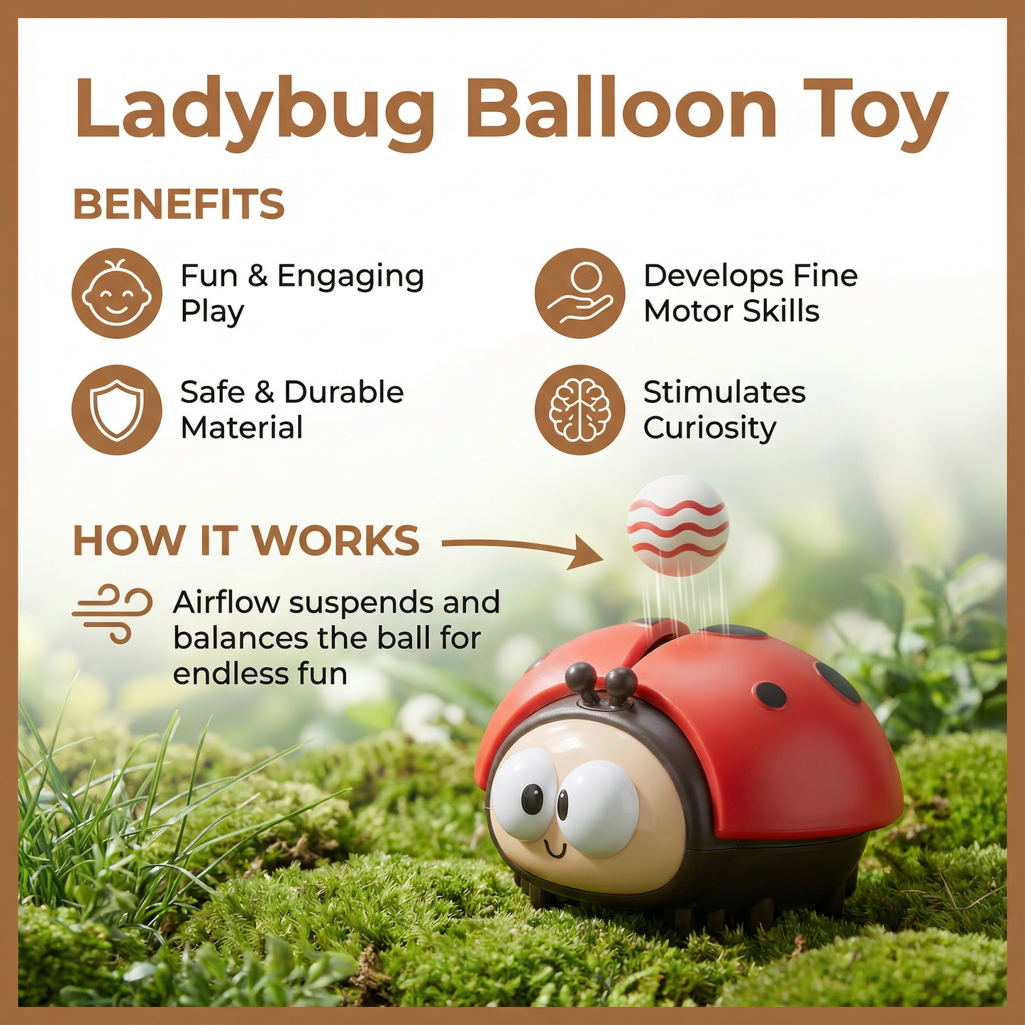 Floating Balloon Toy with Ladybug Base and Button Activation for Babies