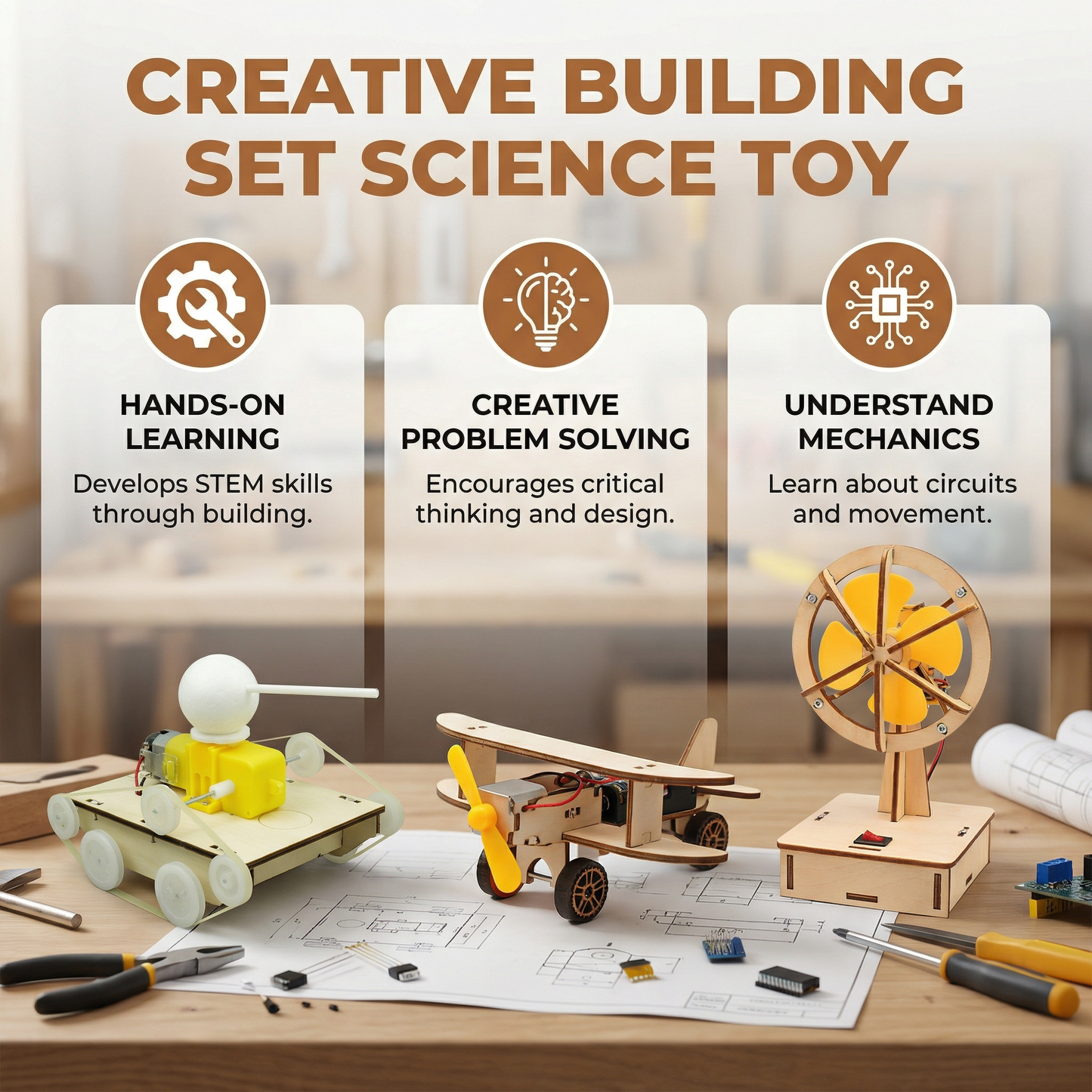 Building Set with Hydraulic Arm and Propeller Plane, Working Mechanics Models